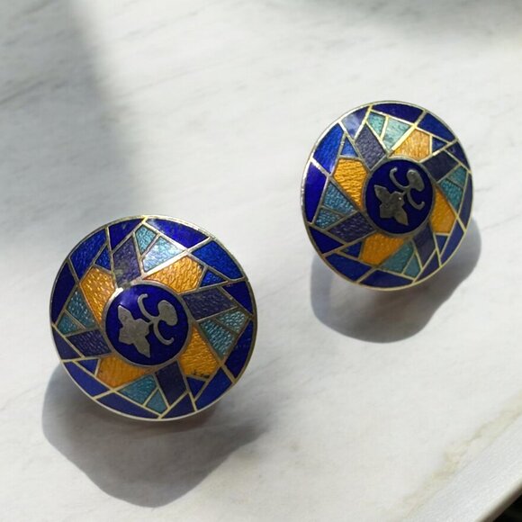 Vintage Round Enamel on Metal Pierced Earrings Geometric Shapes Gold Tone - Picture 1 of 4